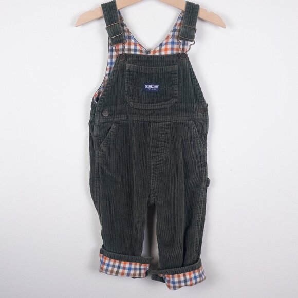 Vintage Oshkosh Corduroy Vestbak Plaid Flannel Lined Overalls Green Boys Sz 18m - Picture 1 of 8